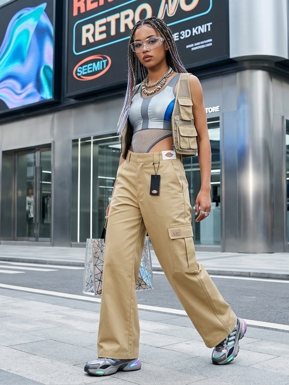 Dickies Khaki Wide‑Leg Cargo Pants with Utility Pockets